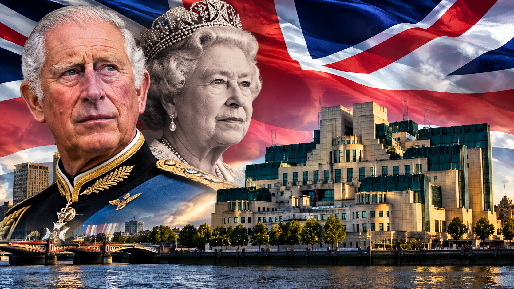 MI5 warning 2026 – King Charles III, Queen Elizabeth II and Union Jack representing Britain's national security.